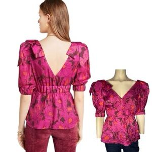 Anthropologie tracy reese Evelia Babydoll Low V-neck Blouse Top Size 4 Rasberry